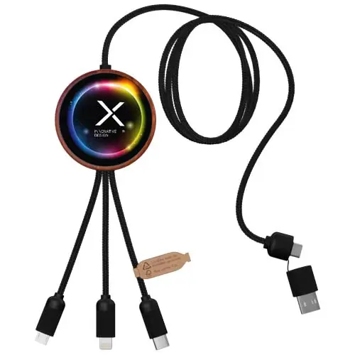 Cavo di ricarica 3 in 1 in RPET riciclato con logo luminoso e stazione di ricarica in bambù da 10W