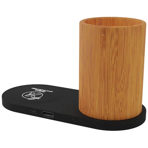 Stazione di ricarica a marchio SCX wireless da 10W con personalizzazione luminosa e porta oggetti in bambù fornita in scatola regalo