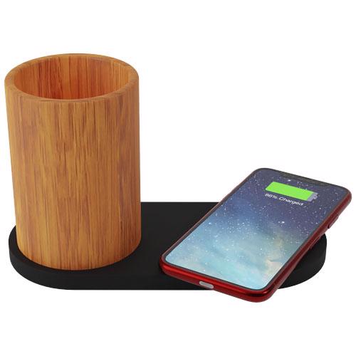 Stazione di ricarica a marchio SCX wireless da 10W con personalizzazione luminosa e porta oggetti in bambù fornita in scatola regalo