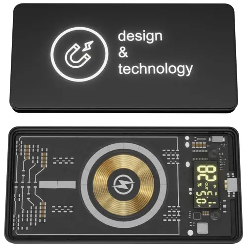 Power bank a marchio SCX wireless magnetico da 5.000 mAh 5 W con parte trasparente e personalizzazione con logo luminoso