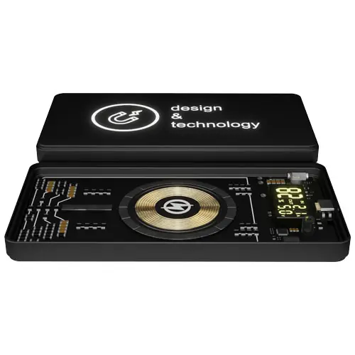 Power bank a marchio SCX wireless magnetico da 5.000 mAh 5 W con parte trasparente e personalizzazione con logo luminoso