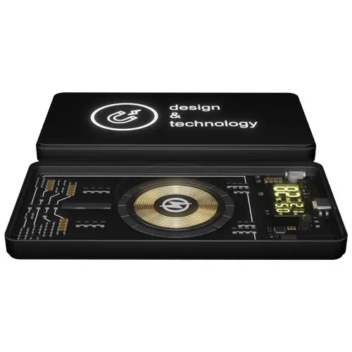 Power bank a marchio SCX wireless magnetico da 5.000 mAh 5 W con parte trasparente e personalizzazione con logo luminoso