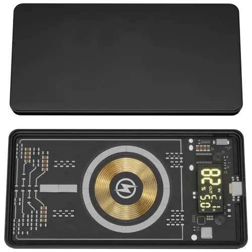 Power bank a marchio SCX wireless magnetico da 5.000 mAh 5 W con parte trasparente e personalizzazione con logo luminoso