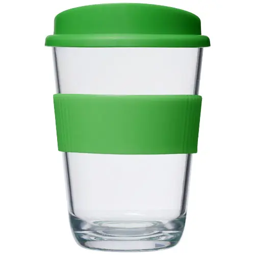 Bicchiere in vetro a parete singola con coperchio a pressione e impugnatura in silicone da 300ml