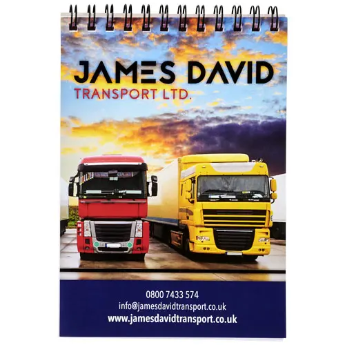 Block notes A6 Desk-Mate con rilegatura a spirale nera superiore e copertina e fogli personalizzabili