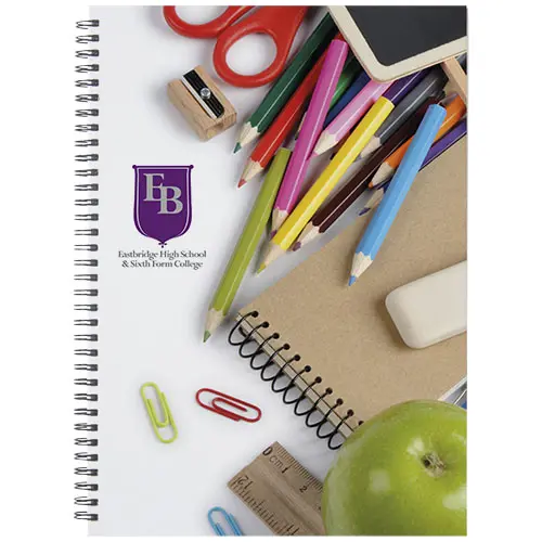 Block notes A4 Desk-Mate con rilegatua a spirale nera e 80 fogli e copertina rigida totalmente personalizzabili