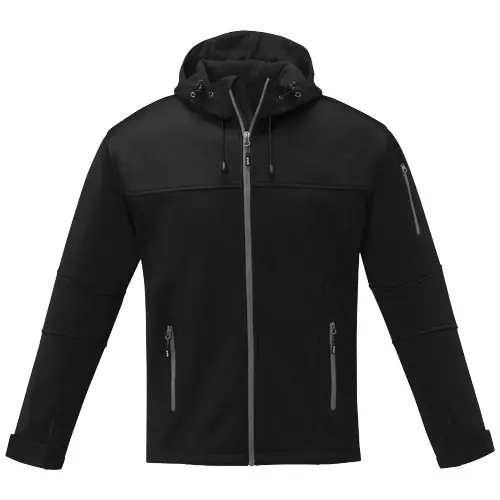 Giacca softshell da uomo con tessuto imperabile e traspirante con chiusura a zip e cappuccio e tasche anteriori con zip e sulla manica
