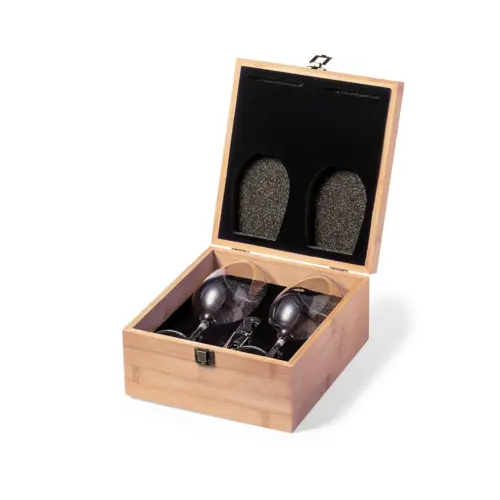 Set Vino in elegante astuccio di bambù include 2 calici in cristallo e cavatappi in acciaio inox