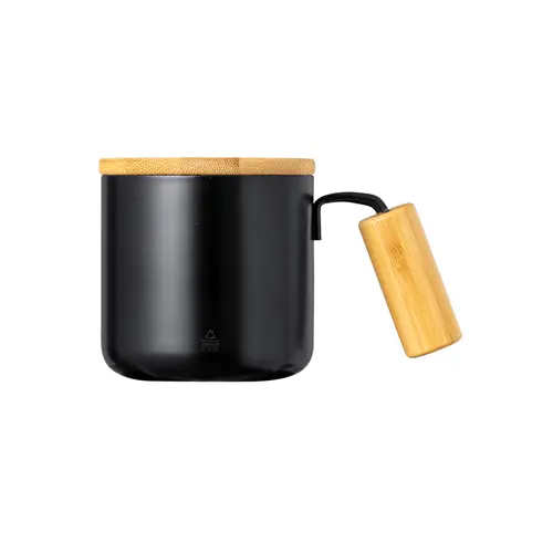 Tazza termica in acciaio inossidabile riciclato da 330ml con coperchio e manico in bambù