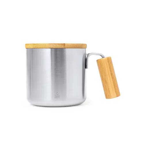 Tazza termica in acciaio inossidabile riciclato da 330ml con coperchio e manico in bambù