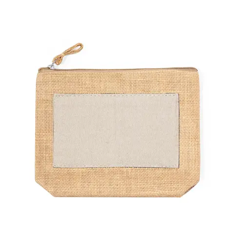 Pochette di juta laminata e parte centrale in cotone naturale con chiusura a zip 220x170x50mm