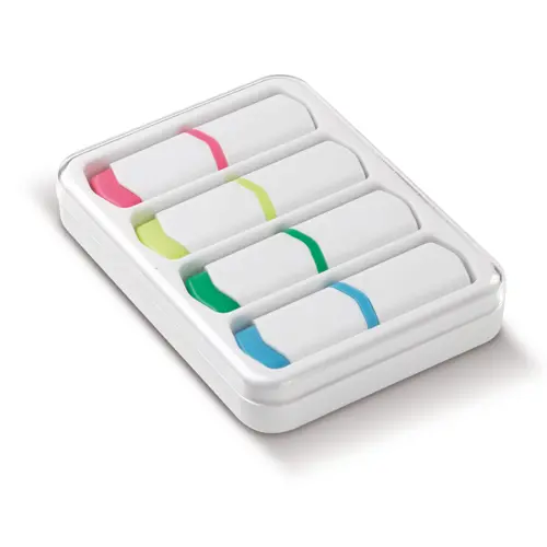 Set con 4 mini evidenziatori in comoda scatola con coperchio trasparente