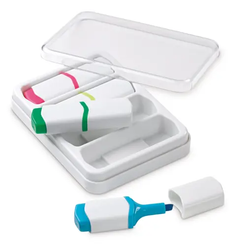 Set con 4 mini evidenziatori in comoda scatola con coperchio trasparente