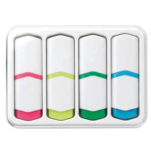 Set con 4 mini evidenziatori in comoda scatola con coperchio trasparente