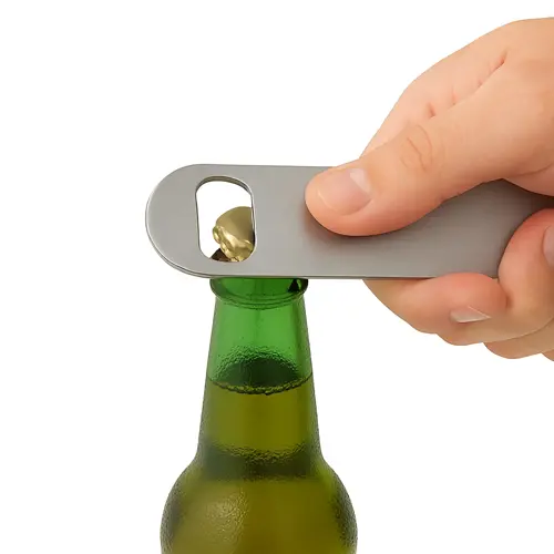 Apribottiglie in acciaio inox con ampio spazio per il marchio