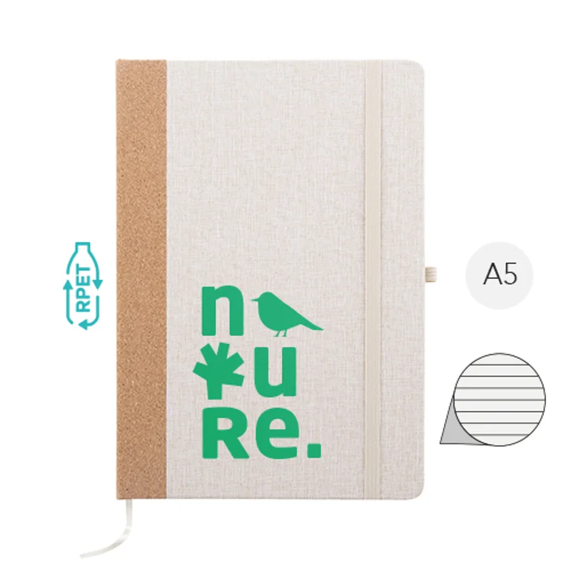 Block notes A5 copertina in RPET e sughero fogli a righe in carta riciclata