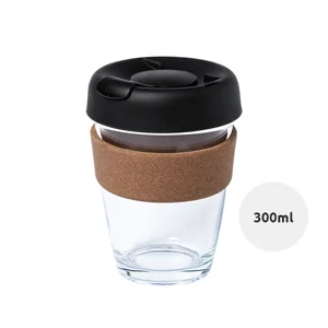Bicchiere da viaggio in vetro con impugnatura in sughero naturale e coperchio in plastica da 300ml