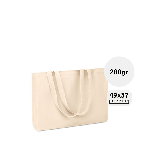 Shopper o borsa da spiaggia in cotone riciclato a soffietto con mainci lunghi in colore naturale da 280gr 49x9x37cm