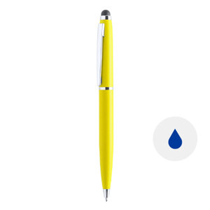 Penna a sfera in metallo con finitura gommata disponibile in vari colori con punta touch e meccanismo a rotazione a refill blu