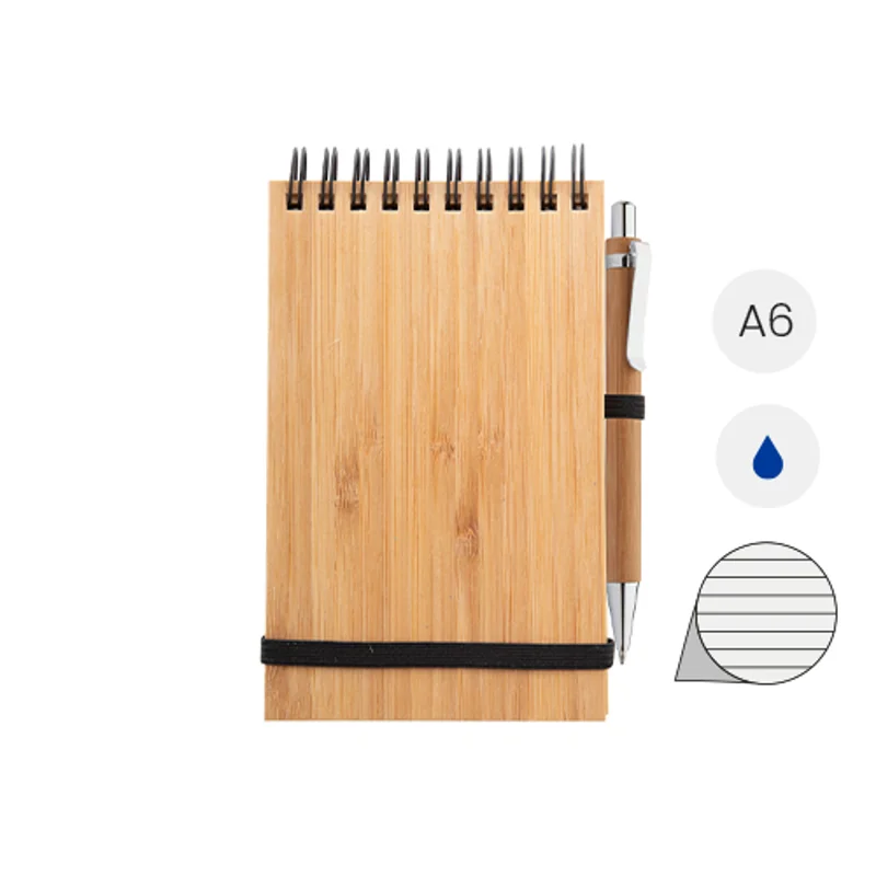 Block Notes A6 con copertina in bambù rilegatura a aspirale sul superiore e 70 fogli a righe e penna a sfera in bambù in refill blu