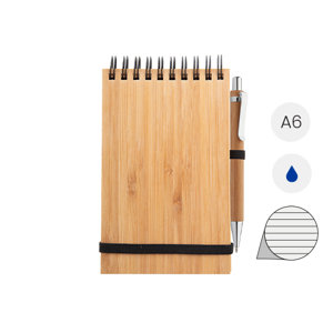 Block Notes A6 con copertina in bambù rilegatura a aspirale sul superiore e 70 fogli a righe e penna a sfera in bambù in refill blu