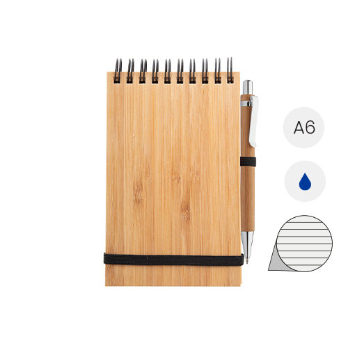 Block Notes A6 con copertina in bambù rilegatura a aspirale sul superiore e 70 fogli a righe e penna a sfera in bambù in refill blu