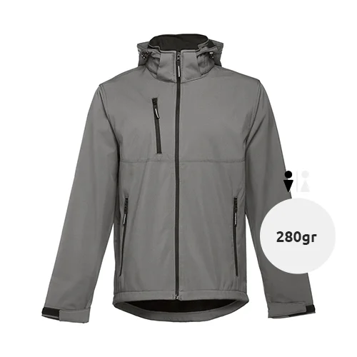 Giacca softshell da uomo colori assortiti con cappuccio rimovibile in poliestere e foderato in pile 280gr