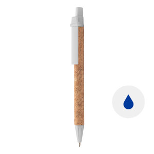 Penna a sfera in carta riciclata rivestita in sughero con clip e puntale in coordinato colorati e meccanismo a scatto e refill blu