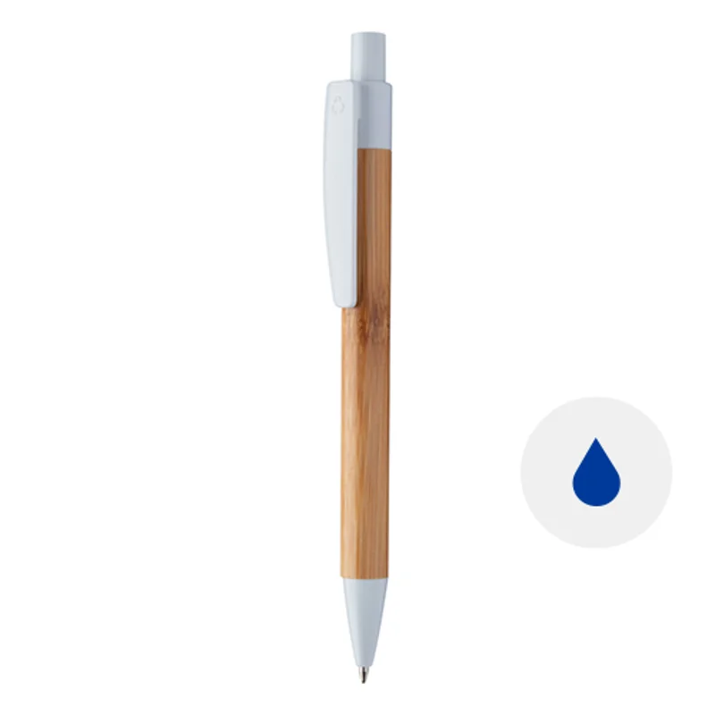 Penna a sfera di bambù con clip e puntale in plastica colorata con meccanismo a scatto e refill blu