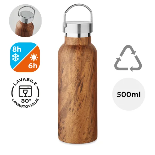 Borraccia in acciaio inossidabile Riciclato a doppio strato con isolamento sottovuoto simil legno da 500ml