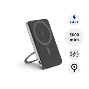 Power bank magnetico da 5.000 mAh in ABS riciclato con caricatore wireless superveloce e anello di supporto