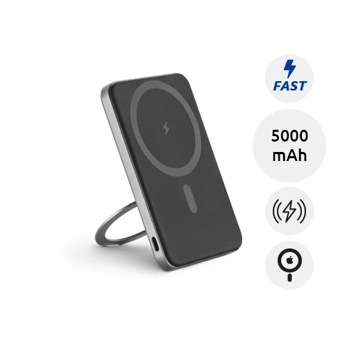 Power bank magnetico da 5.000 mAh in ABS riciclato con caricatore wireless superveloce e anello di supporto