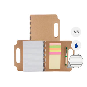 Block Notes A5 a spirale con copertina in cartone riciclato, note adesive, penna refil blu