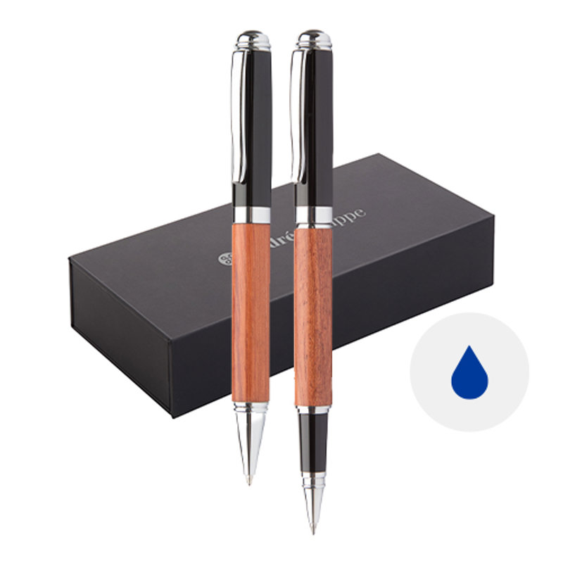 Set di penna a sfera con meccanismo a rotazione e penna roller in metallo con fusto in legno di palissandro in scatola regalo e refill blu