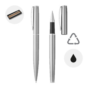 Set penna roller e penna a sfera in acciaio inossidabile riciclato in scatola regalo in carta kraft certificato FSC