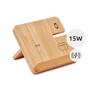 Caricatore 15W wireless pieghevole con supporto bambù per telefono cuffie e smartwatch solo Apple