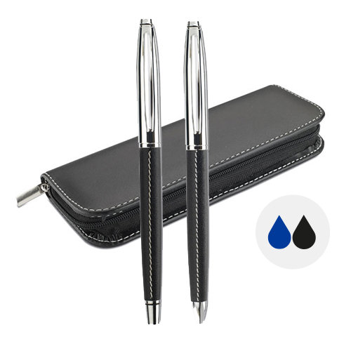 Set con penna a sfera in metallo refill blu con meccanismo a scatto e penna roller in metallo refill nero in astuccio in PU