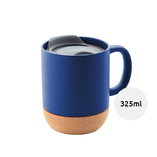 Tazza in ceramica con base in sughero coperchio in PP finitura esterna opaca ed interna lucida confezione in cartoncino kraft 325ml