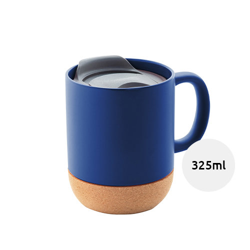 Tazza in ceramica con base in sughero coperchio in PP finitura esterna opaca ed interna lucida confezione in cartoncino kraft 325ml