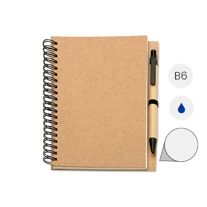 Block notes B6 in carta riciclata e fogli neutri con rilegatura a spirale e penna refill blu