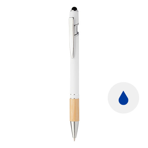 Penna a sfera in alluminio con impugnatura in bambù e finitura gommata colorata e punta touch e con meccanismo a scatto e refill blu