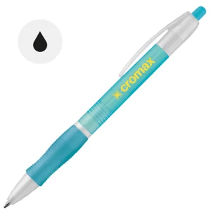Penna a sfera in plastica disponibile in vari colori con impugnatura antiscivolo e meccanismo a scatto e refill nero