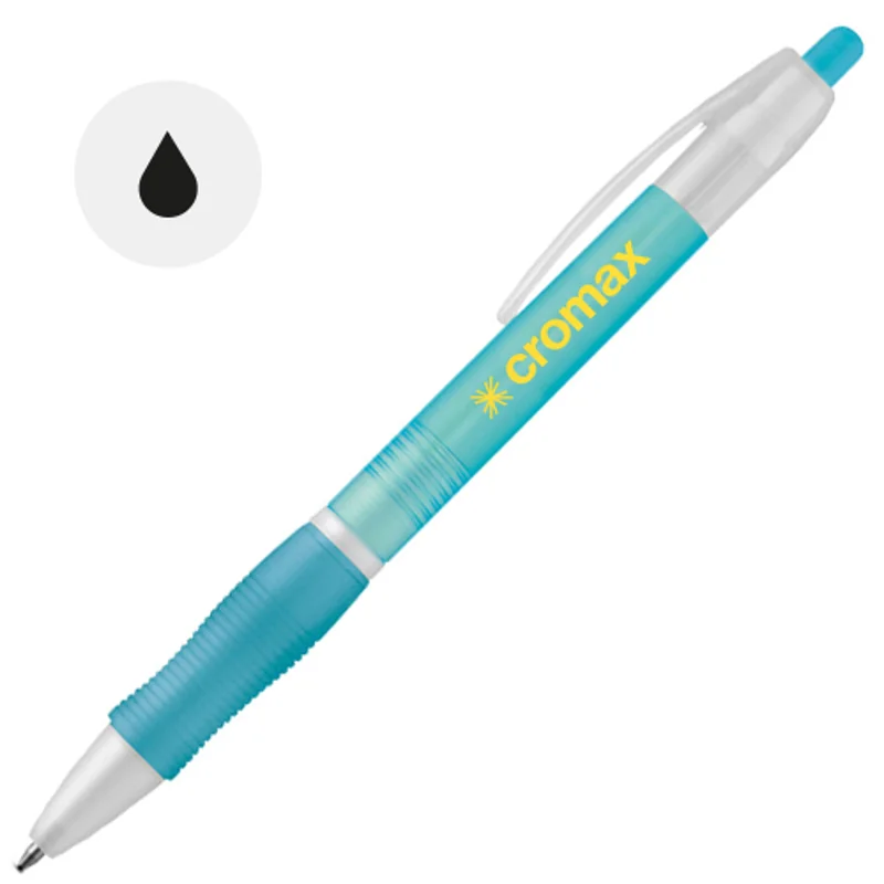 Penna a sfera in plastica disponibile in vari colori con impugnatura antiscivolo e meccanismo a scatto e refill nero