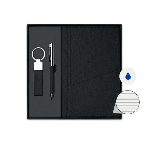 Set regalo composto da penna a sfera in metallo refill blu con taccuino e portachiavi in RPET