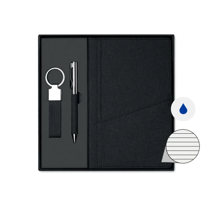 Set regalo composto da penna a sfera in metallo refill blu con taccuino e portachiavi in RPET
