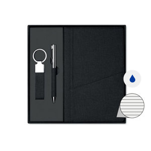 Set regalo composto da penna a sfera in metallo refill blu con taccuino e portachiavi in RPET