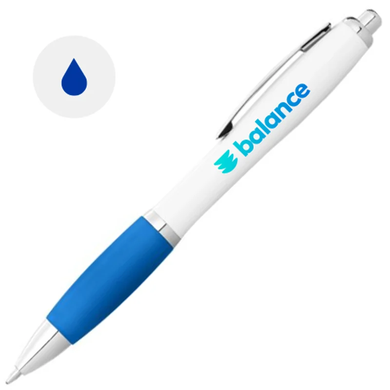 Penna a sfera in plastica bianca con impugnatura morbida colorata e con meccanismo a scatto e refill blu