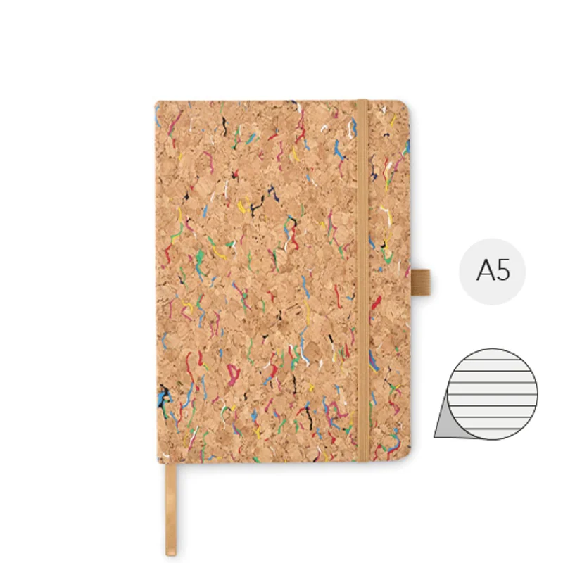 Block notes A5 in sughero colorato con elastico 192 fogli a righe