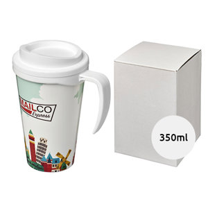 Tazza termica a doppia parete Grande da 350ml con coperchio termetico presentata in una confezione regalo bianca