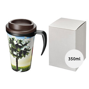 Tazza termica a doppia parete Grande da 350ml con coperchio termetico presentata in una confezione regalo bianca